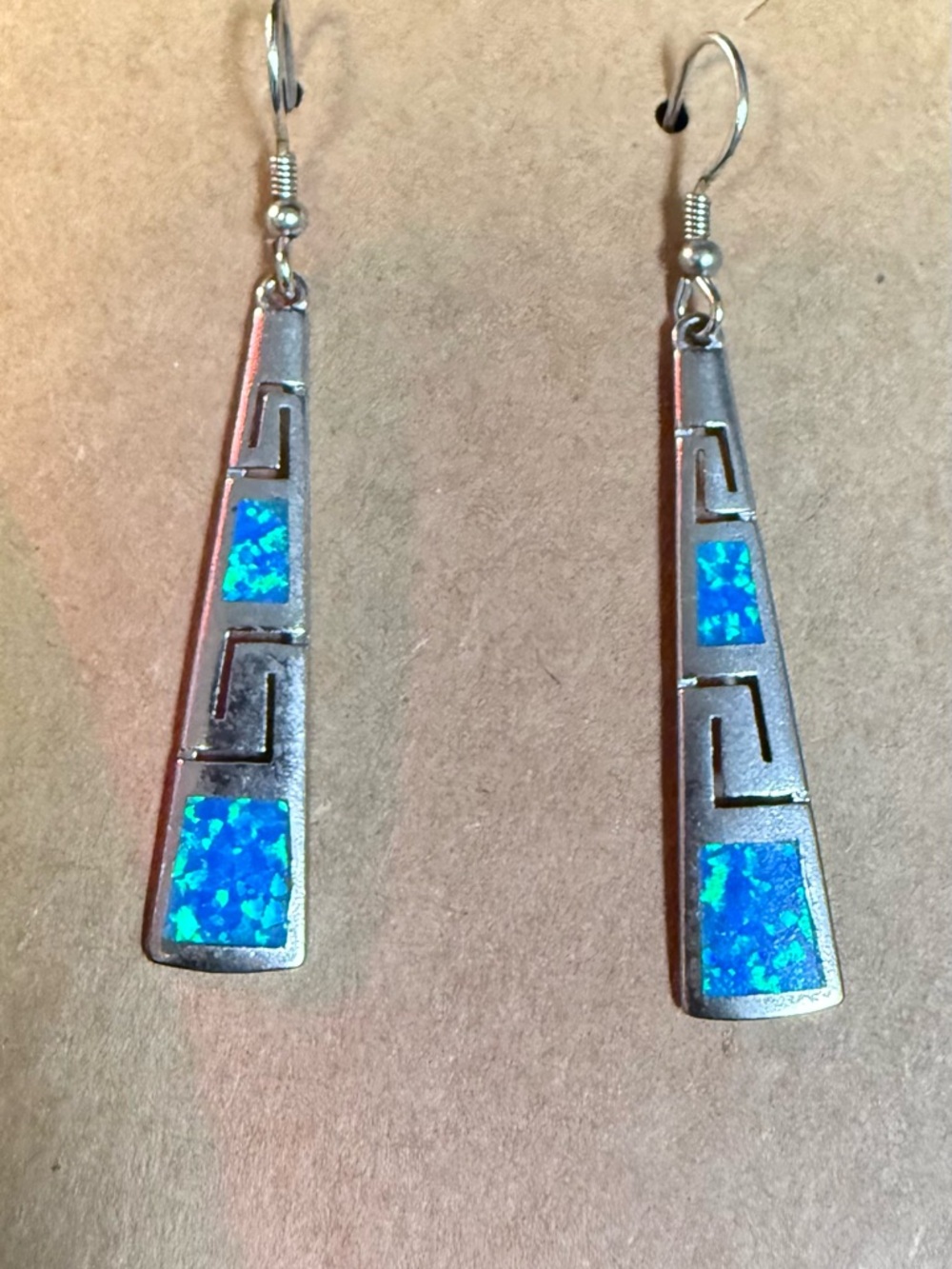 Sterling Silver 925 Opal Meander Greek Tapered Dangle Earrings